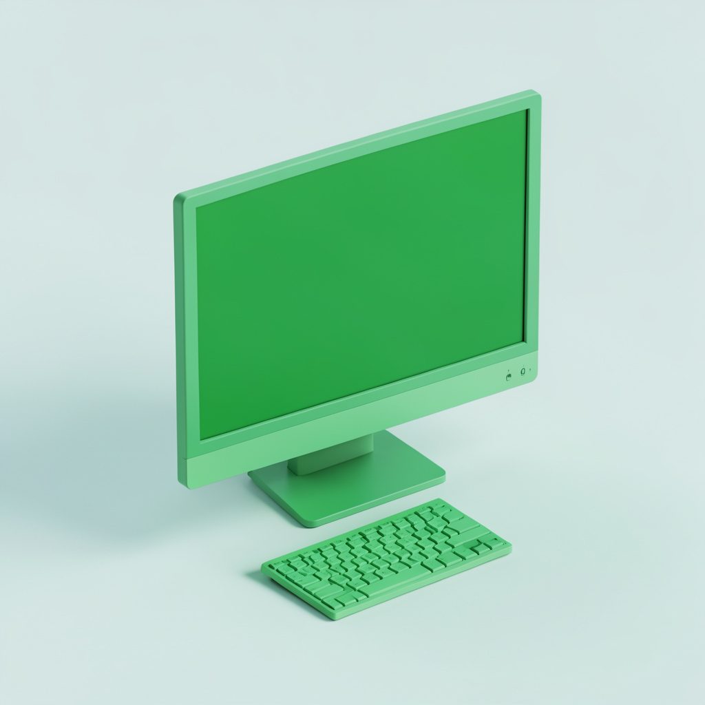 Isometric 3D render of a desktop computer on a clean workstation, in soft mint and charcoal tones with a calm, modern mood.