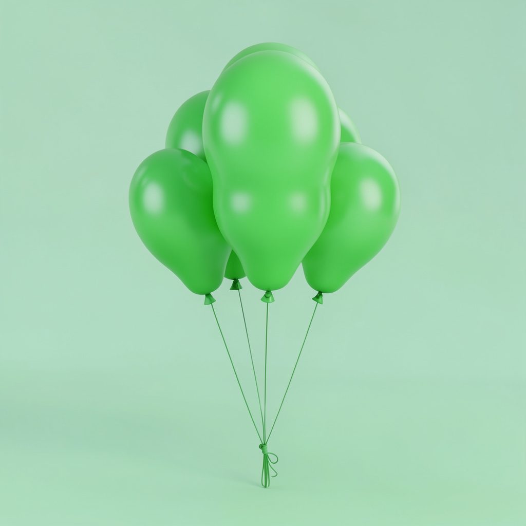 Isometric 3D render of a small cluster of helium balloons tied to a weight, set against a pale mint background with soft shadows.